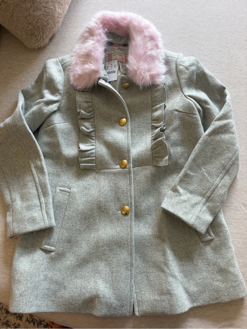 Crewcuts Grey Wool-Blend Pea Coat with Pink Faux-Fur Collar